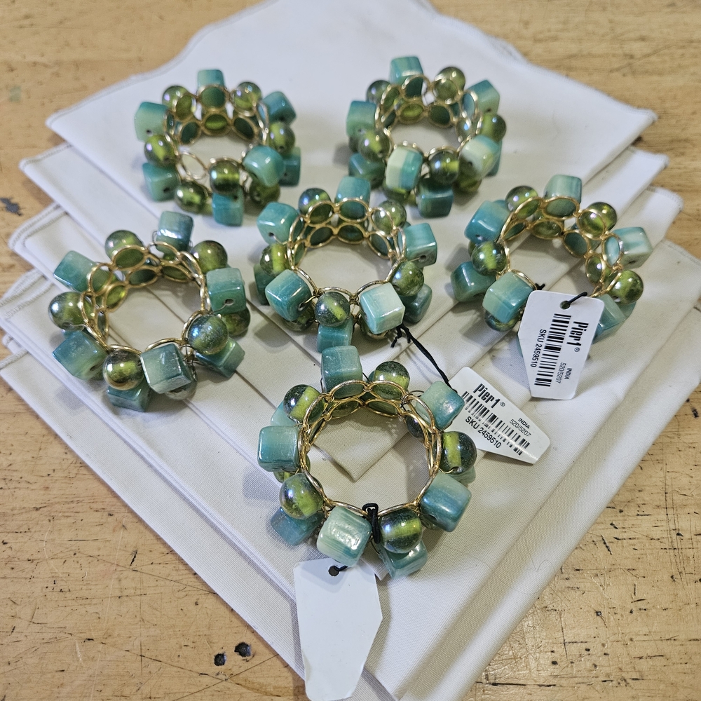 Peir 1 Set Of 6 Gorgeous Beaded Napkin Rings Gold, Green And Turquoise